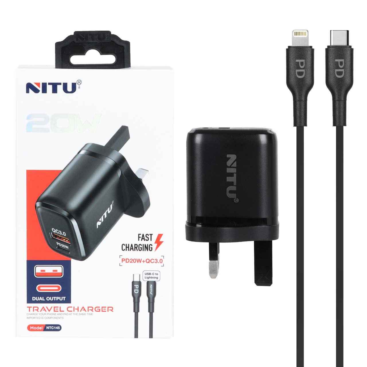 شارژر دیواری فست و PD دو پورت Nitu مدل NTC145 20W همراه با کابل Type-C To Lightning - مشکی (گارانتی 18 ماه تعویض نیکان همراه)